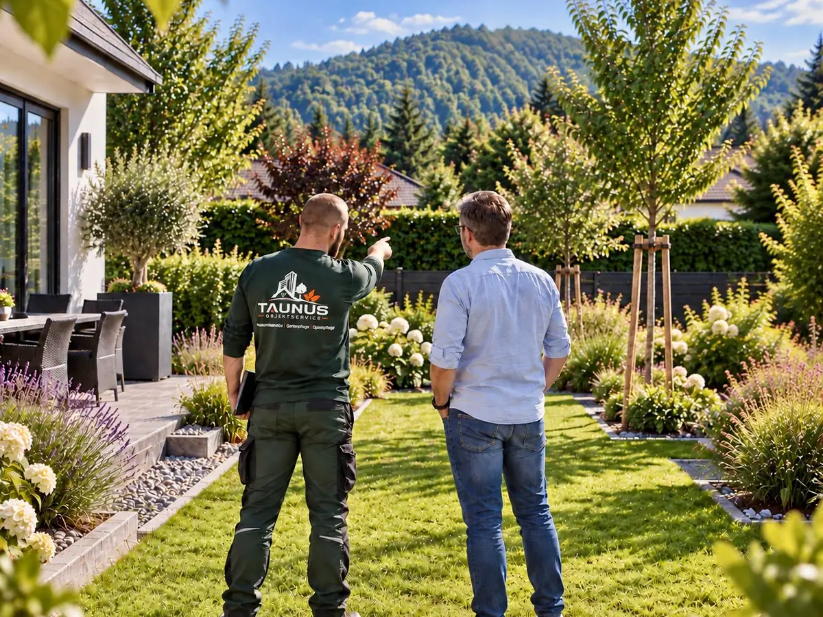 KI-erzeugte Darstellung: ein Mitarbeiter in Arbeitskleidung zeigt einem Kunden etwas im Garten, im Hintergrund bewaldete Hügel.