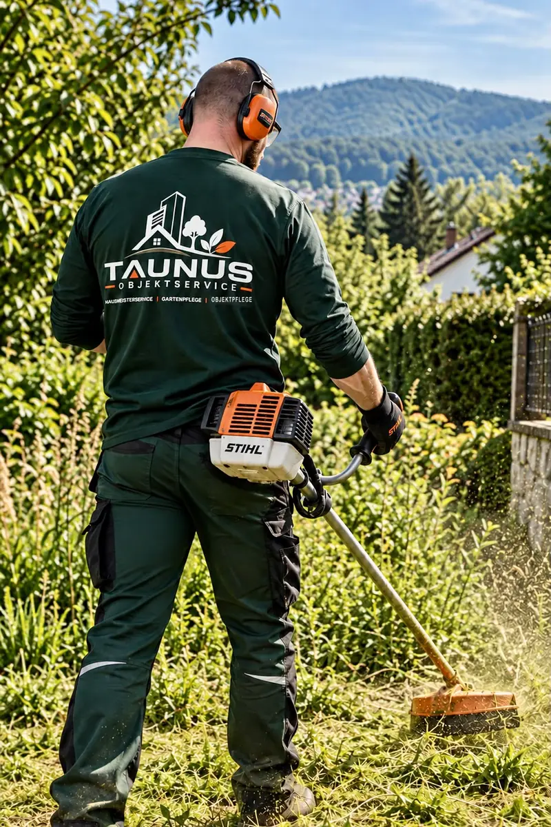 KI-erzeugte Darstellung: ein Mitarbeiter mit Gehörschutz arbeitet mit einem Freischneider an einer verwilderten Fläche.